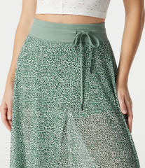 High Waisted Drawstring Leopard Print Contrast Mesh 2-in-1 Flowy Midi Flare Resort Skirt with Pockets
