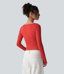 U-Neck Long Sleeve Contrast Lace Work T-Shirt