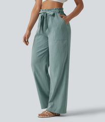 High Waisted Lettuce Trim Belted Straight Leg Casual Linen-Feel Pants with Pockets