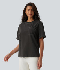 Halara Flex™ Round Neck Short Sleeve Denim Casual T-Shirt with Pocket
