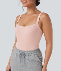 Ribbed Knit Square Neck Sleeveless Skinny Casual Bodysuit