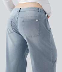 Plus Size Halara Flex™ Asymmetric Low Rise Wide Leg Washed Casual Jeans with Pockets
