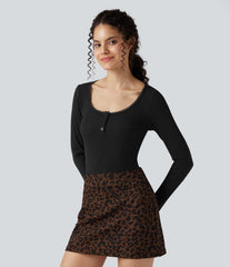 Ribbed Knit Lace Henley Neck Long Sleeve Casual Top