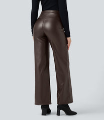 High Waisted Tummy Control Stretchy PU Fleece Casual Flare Pants with Pockets