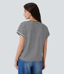V Neck Stripe Waffle Relax Work Tee
