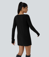 Raglan Long Sleeve Thumb Hole Thermal Mini Casual Dress