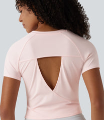 Round Neck Short Sleeve Ruched Cut Out Casual T-Shirt