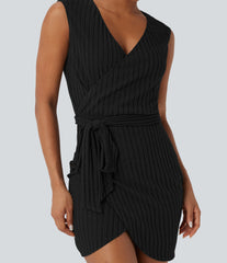 Ribbed Knit Sleeveless Belted Wrap Bodycon Mini Casual Dress