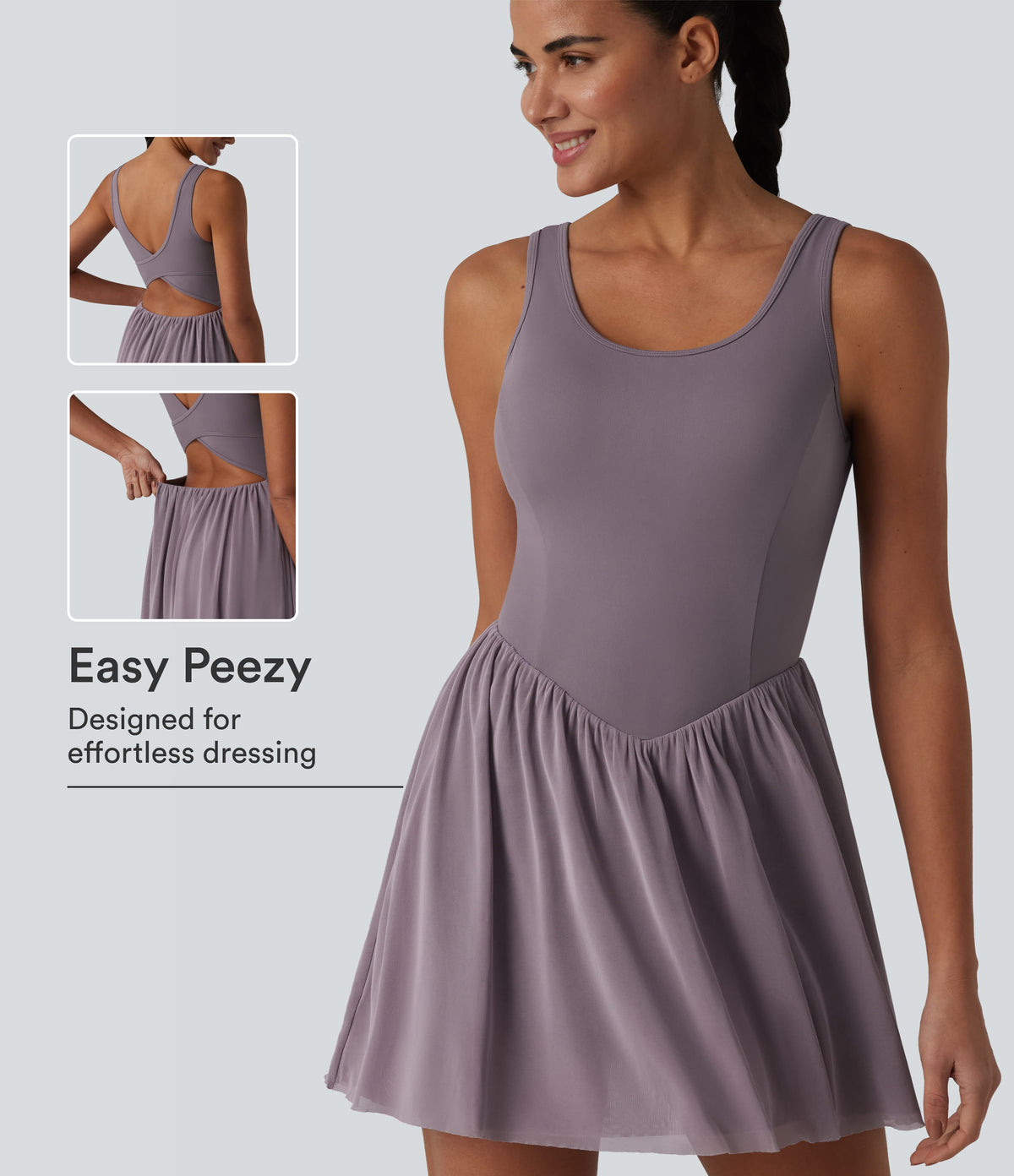 SoftlyZero™ Crisscross Backless Contrast Mesh 2-in-1 Built-in Bra Flowy Mini Tennis Active Dress with Pockets-Easy Peezy