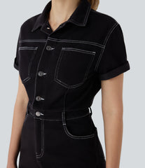 Halara Flex™ Short Sleeve Washed Denim Casual Utility Romper with Pockets