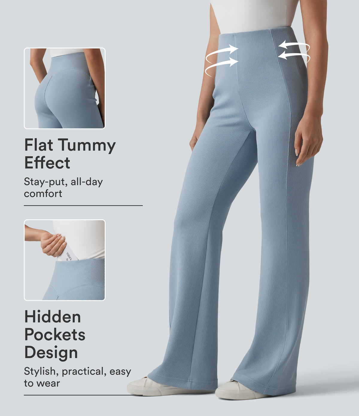 SpacerTek™ Ribbed High Waisted Tummy Control Casual Flare Pants with Pocket