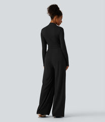 Long Sleeve Built-in Bra Wide Leg Jumpsuit with Pockets-Easy Peezy Edition DD-F Cups