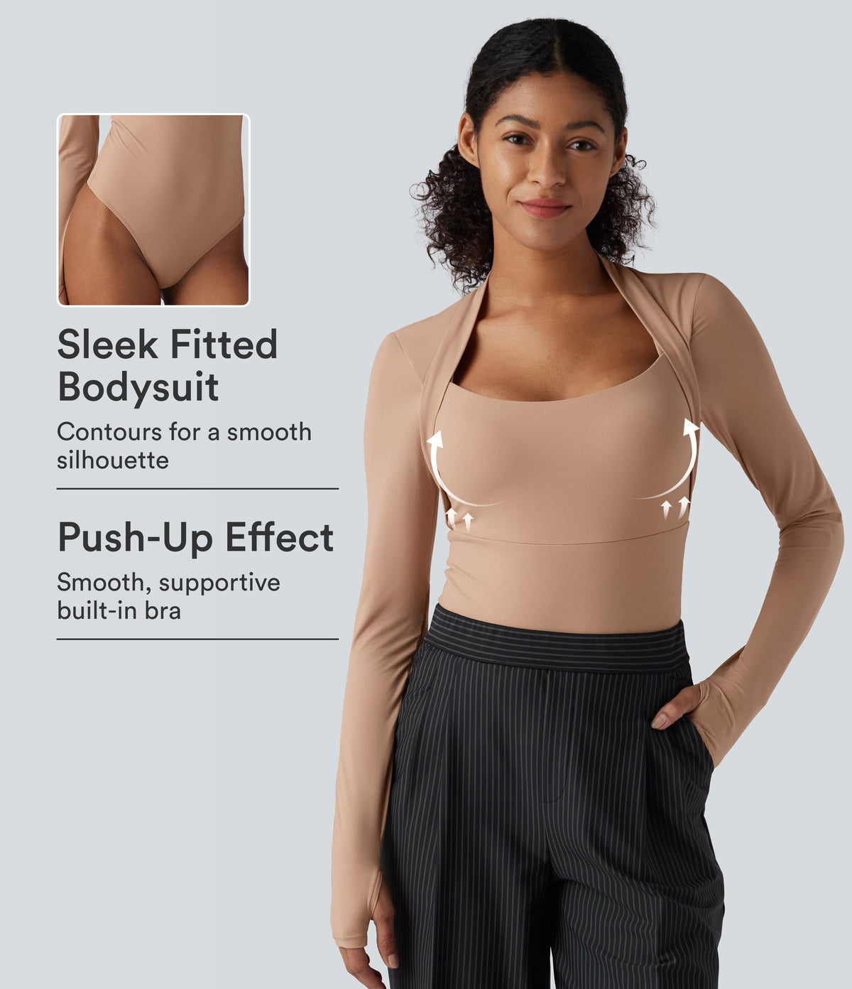 High Stretch Push-Up Long Sleeve Thumb Hole Casual Bodysuit A/B Cup