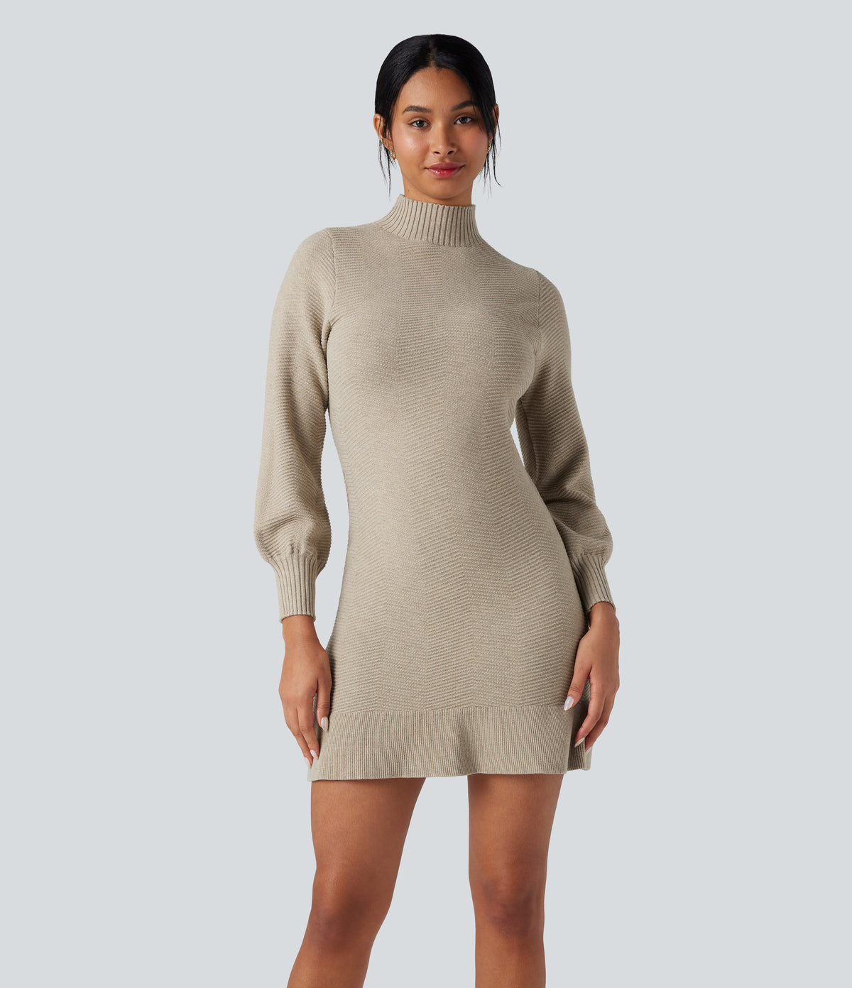 Mock-neck Long Sleeve Ruffle Hem Mini Work Sweater Dress