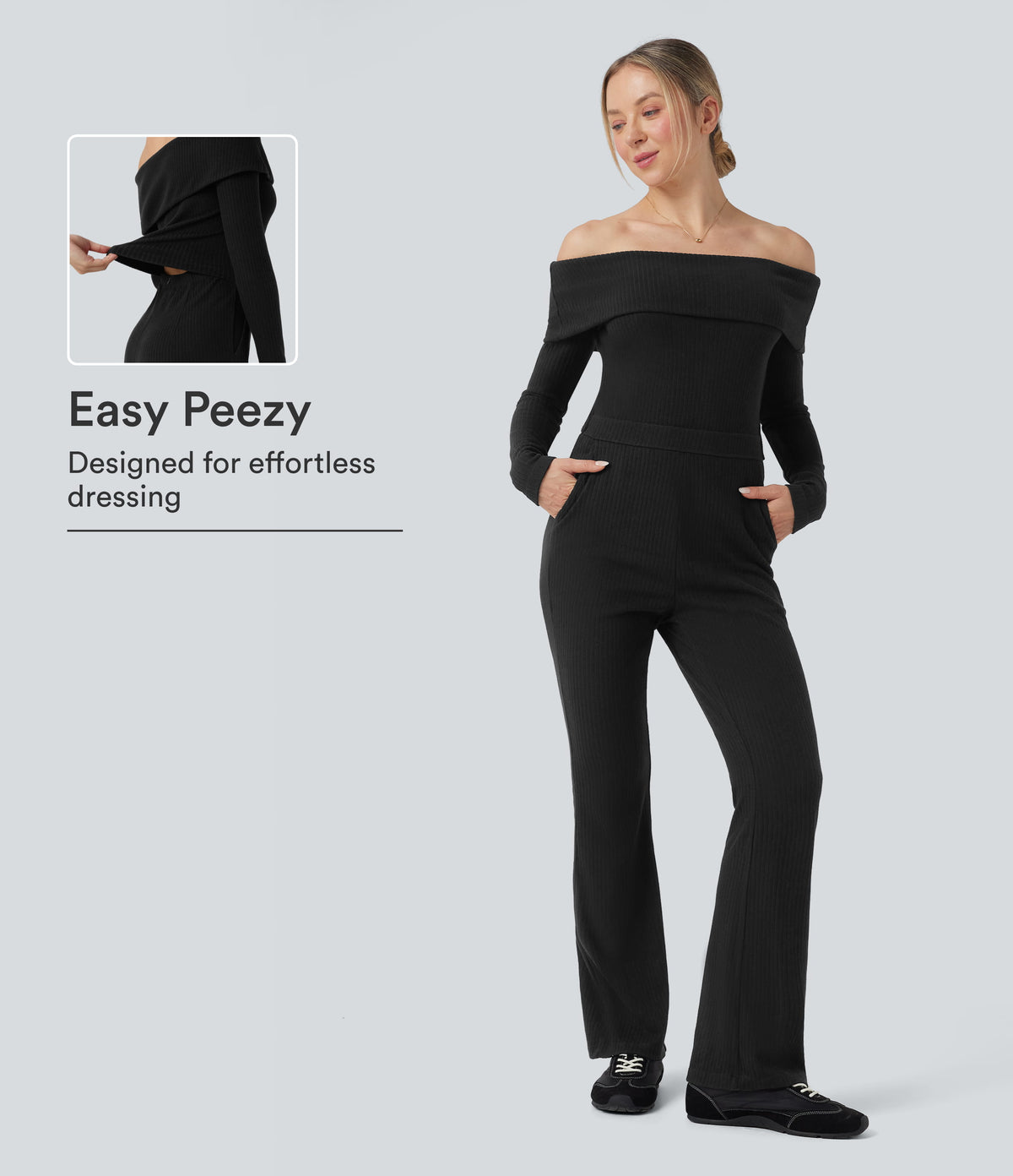 Ribbed Knit Foldover Off Shoulder Long Sleeve Bootcut Casual Jumpsuit with Pockets-Easy Peezy Edition