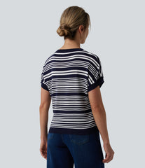 V Neck Short Sleeve Stripe Casual T-Shirt