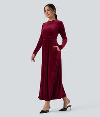 Mock-neck Long Sleeve Maxi Casual Velvet Dress with Pockets