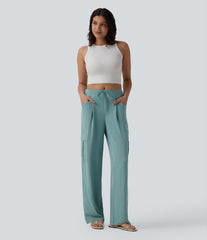 Mid Rise Drawstring Straight Leg Casual Linen-Feel Cargo Pants with Pockets