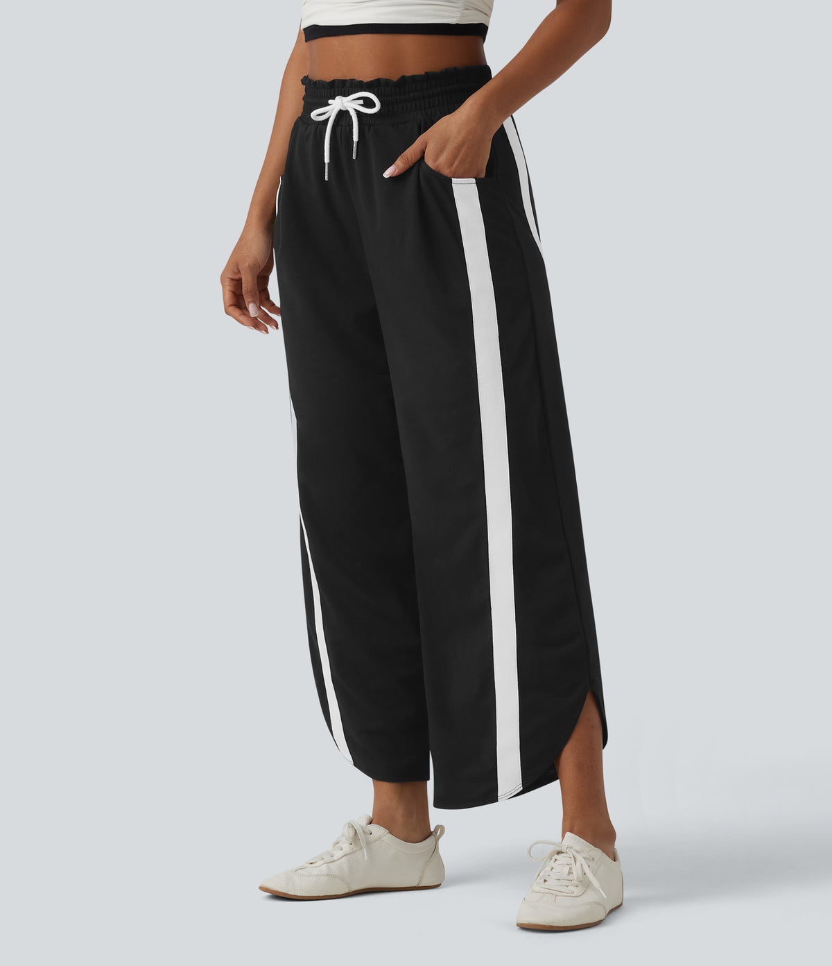 High Waisted Drawstring Curved Hem Color Block Casual Wide Leg Sweatpants with Pockets