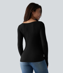 Ribbed Knit Cowl Neck Long Sleeve Ruched Casual Top