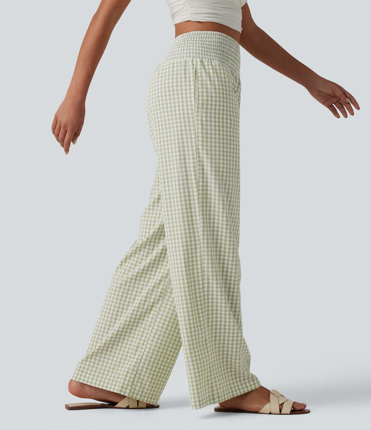 High Waisted Shirred Gingham Casual Baggy Pants with Pockets