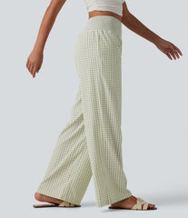 High Waisted Shirred Gingham Casual Baggy Pants with Pockets