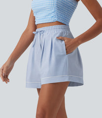 High Waisted Drawstring Pleated Quick Dry Crinkle Resort Baggy Shorts with Pockets