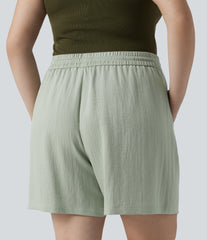 High Waisted Drawstring Casual Linen-Feel Plus Size Shorts with Pockets