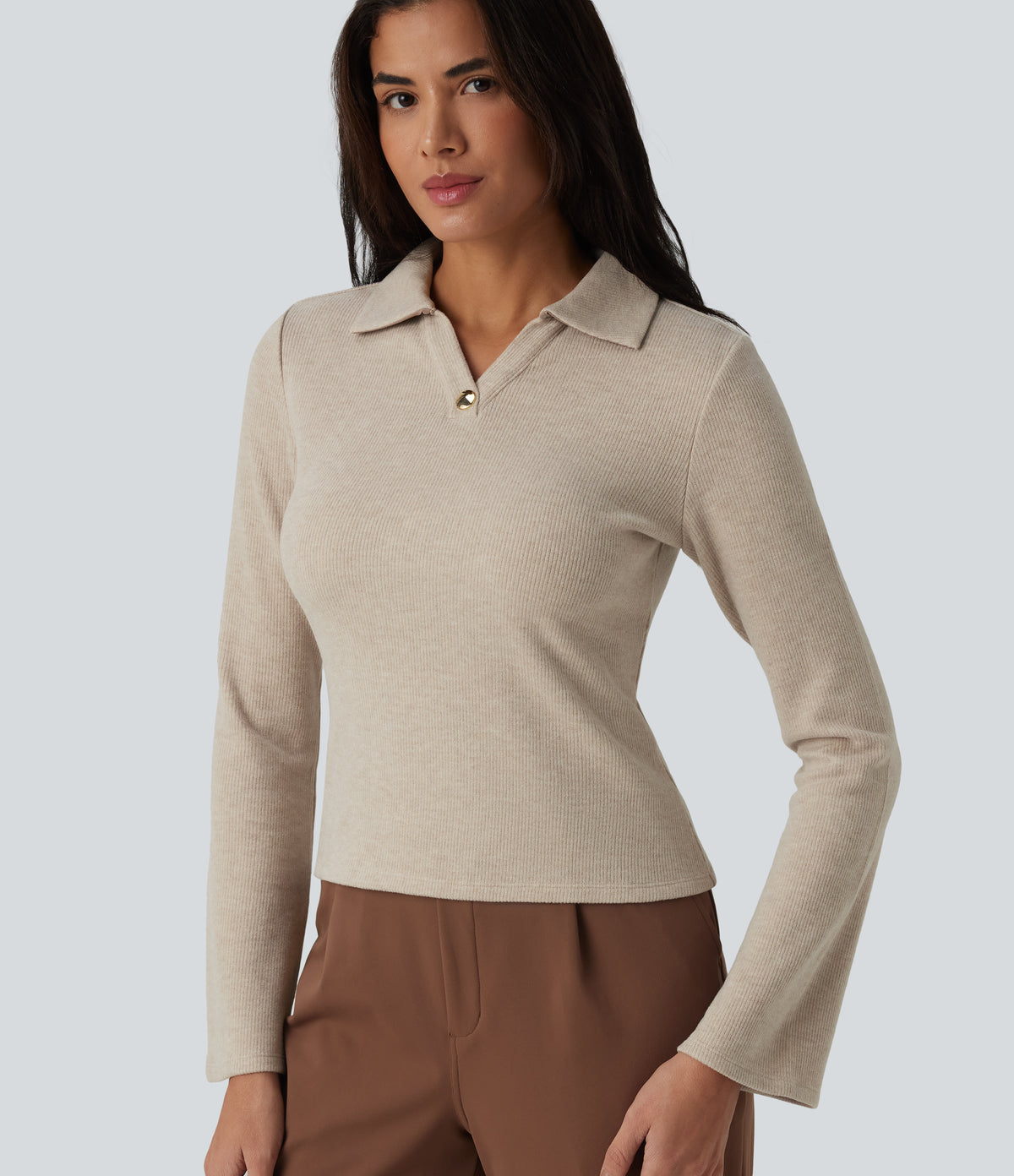 Ribbed Flounce Long Sleeve Work Top