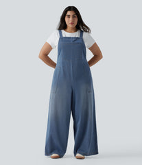 Plus Size Halara Flex™ Square Neck Washed Denim Casual Overalls with Pockets
