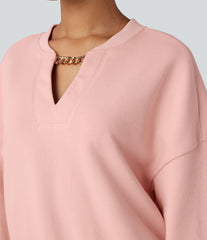 V-neck Chain Long Sleeve Casual Cotton Sweatshirt