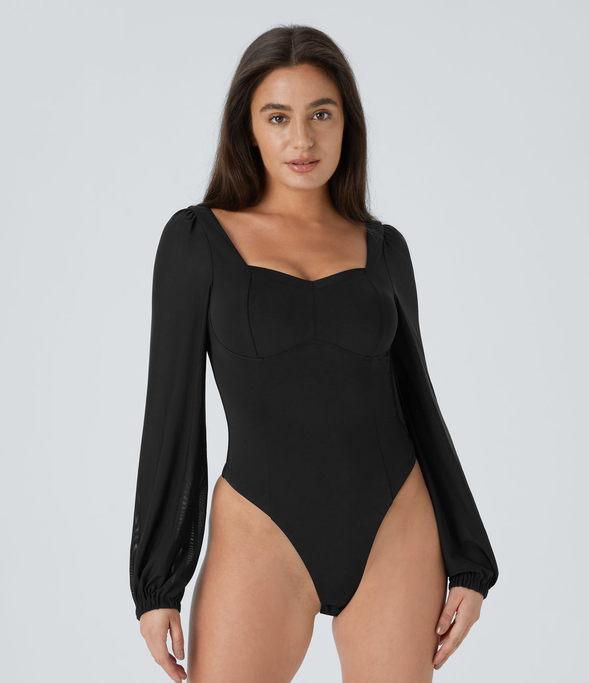 SoftlyZero™ Airy Sweetheart Neck Contrast Mesh Bishop Sleeve InstantCool Casual Bodysuit-UPF50+