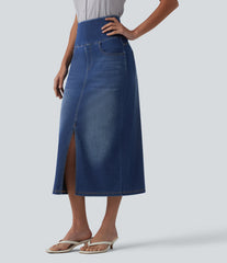 Halara Flex™ High Waisted Tummy Control Denim Midi Casual Skirt with Pockets