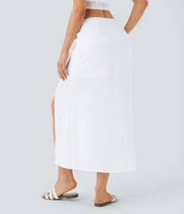 Mid Rise Drawstring Ruched 2-in-1 Midi Linen-Feel Skirt