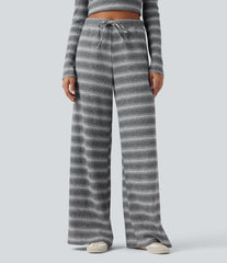 Mid Rise Drawstring Wide Leg Waffle Gradient Stripe Casual Pants with Pockets