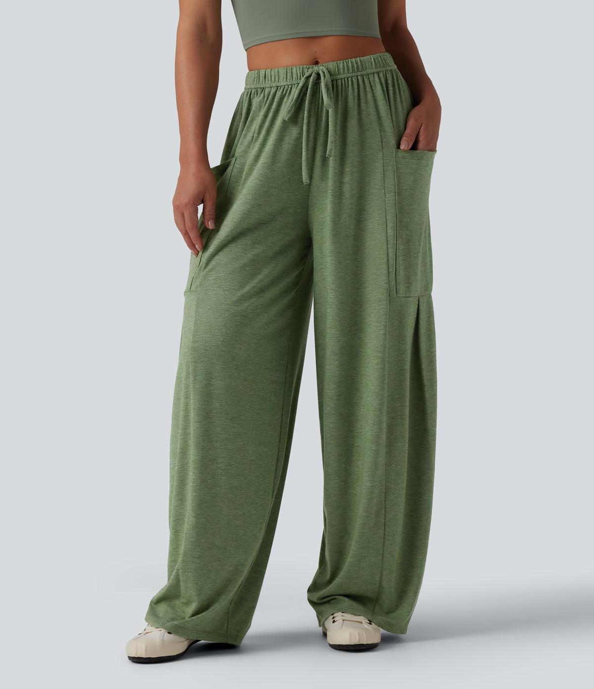 Mid Rise Drawstring Wide Leg Heathered Casual Pants with Pockets