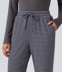 Ribbed Knit Stripes Mid Rise Drawstring Casual Bootcut Pants with Pockets