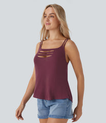 Ribbed Double Straps Ripped Cut Out Casual Tank Top