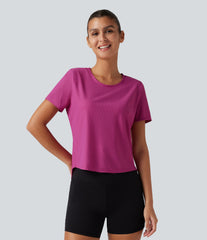Round Neck Short Sleeve Contrast Mesh Yoga Sports Top
