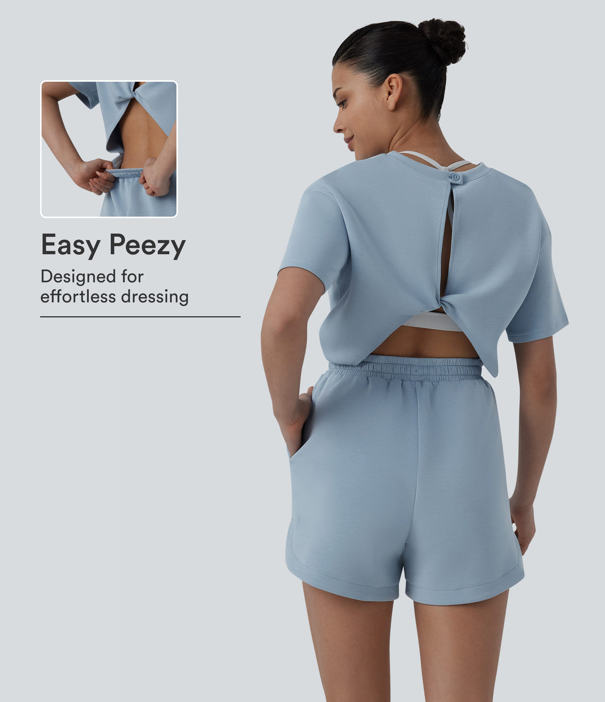 SpacerTek™ Round Neck Short Sleeve Twist Back Drawstring Curved Hem Casual Romper with Pockets-Easy Peezy