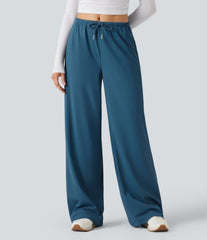 Mid Rise Drawstring Straight Leg Waffle Knit Yoga Pants with Pockets