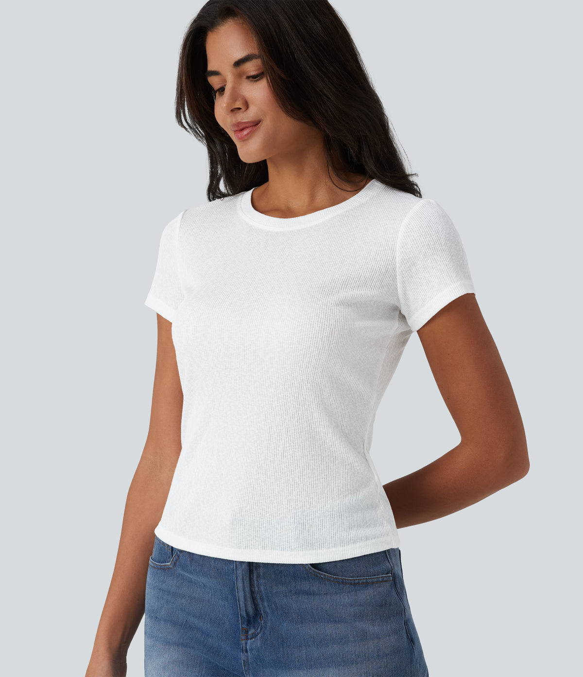 Semi Sheer Ribbed Knit Round Neck Short Sleeve Casual T-Shirt