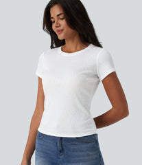 Semi Sheer Ribbed Knit Round Neck Short Sleeve Casual T-Shirt