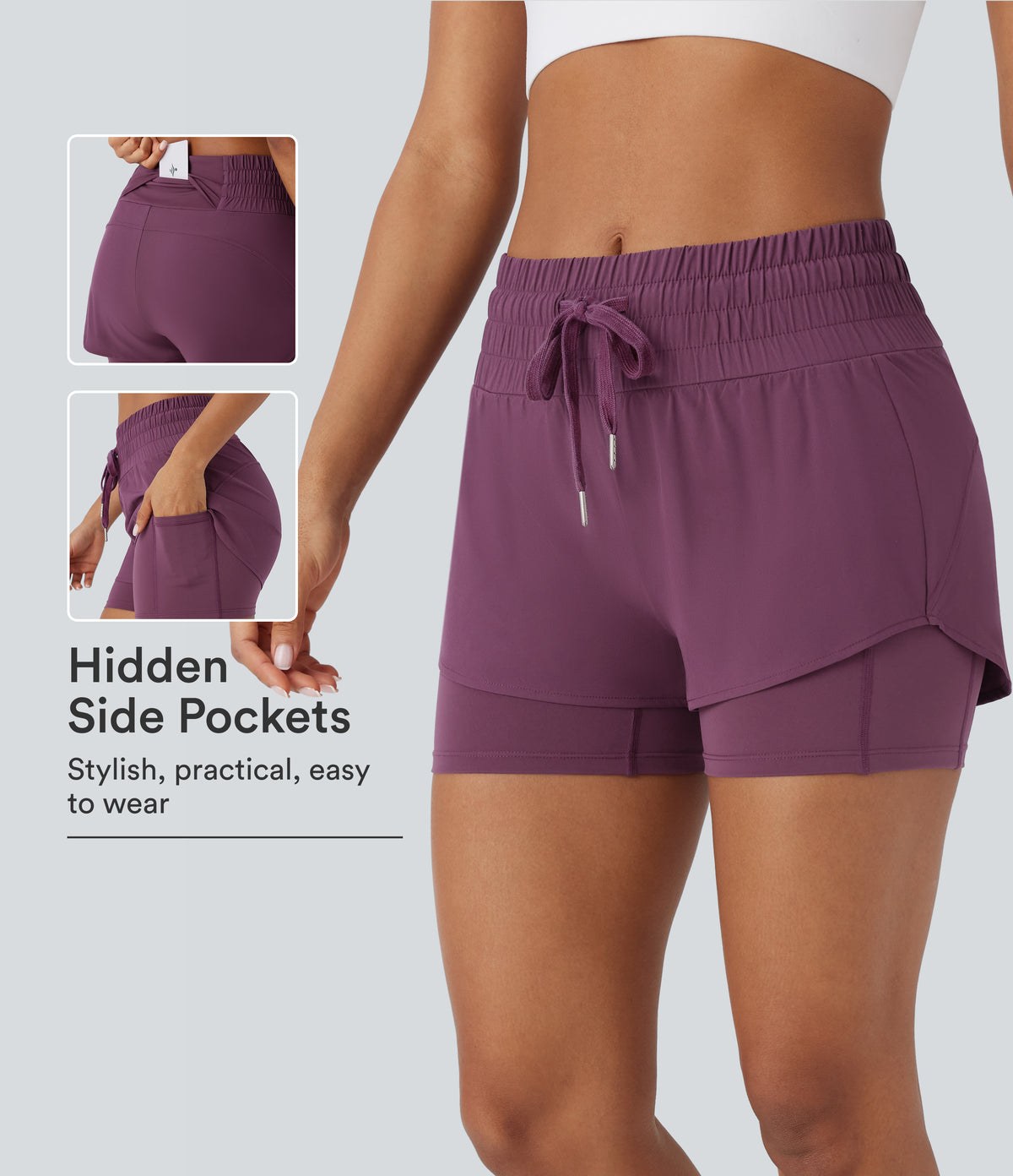 Breezeful™ Mid Rise Drawstring Pockets 2-in-1 Curved Hem Quick Dry Running Shorts