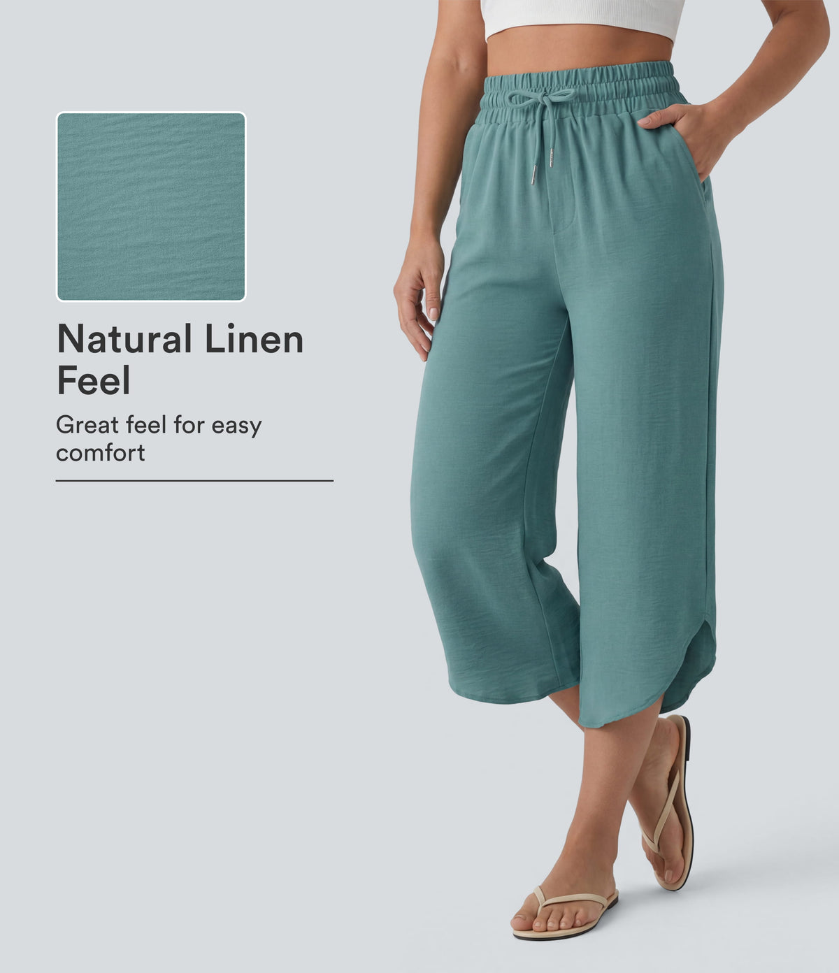 High Waisted Drawstring Curved Hem Cropped Casual Linen-Feel Pants with Pockets