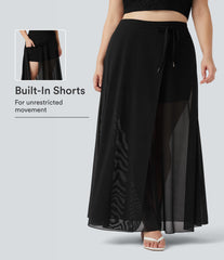 Plus Size High Waisted Drawstring Contrast Mesh 2-in-1 Flowy Maxi Skirt with Pockets
