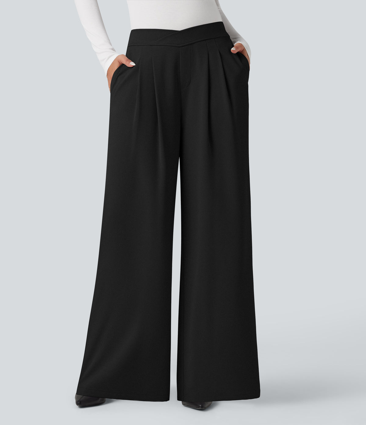 Crossover High Waisted Work Baggy Pants with Pockets