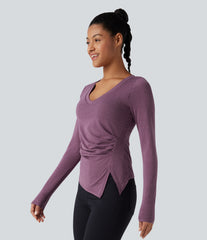Molded Cups Push-Up V-neck Long Sleeve Ruched Split Hem Casual Top A/B Cup