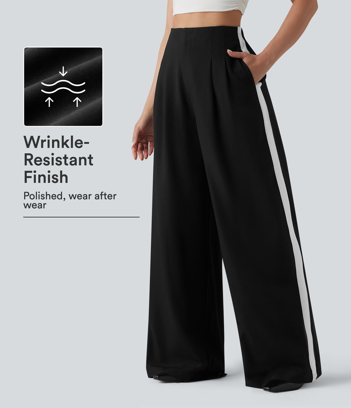 Wrinkle-Resistant High Waisted Baggy Color Block Casual Linen-Feel Pants with Pockets