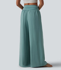 High Waisted Ruched Tummy Control Linen-Feel Casual Baggy Pants with Pockets